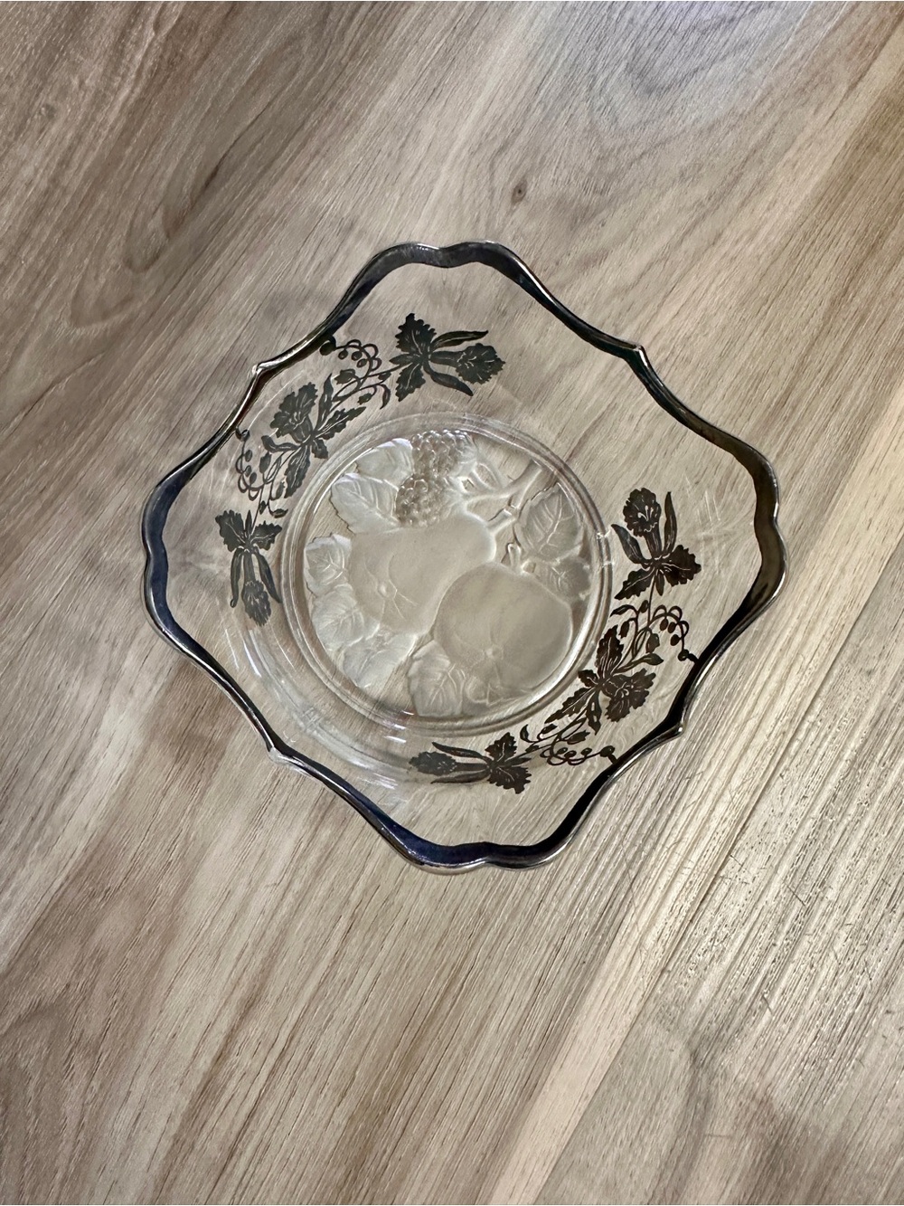 Vintage Clear Glass Fruit Trinket Candy Dish Silver Floral Overlay Scalloped 5”